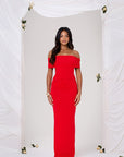 SOFIA RUCHED MAXI SKIRT IN CHERRY RED - FRONT ON