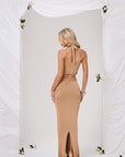 TARA BRAID MAXI DRESS IN CARAMEL GLITTER KNIT - REAR VIEW