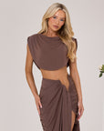 COLE RUCHED CROP TOP IN CHOCOLATE - FRONT