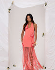 FIBI CROCHET FLOWER MAXI DRESS IN PEACH CORAL - FRONT