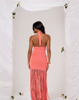 FIBI CROCHET FLOWER MAXI DRESS IN PEACH CORAL - REAR VIEW