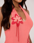 FIBI CROCHET FLOWER MAXI DRESS IN PEACH CORAL - DETAIL