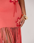 FIBI CROCHET FLOWER MAXI DRESS IN PEACH CORAL - DETAIL FRILL