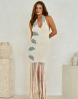 Ana Maxi dress in off white knit, full-length front view with pearl bead detailing and hand crochet shells, maxi length fringing