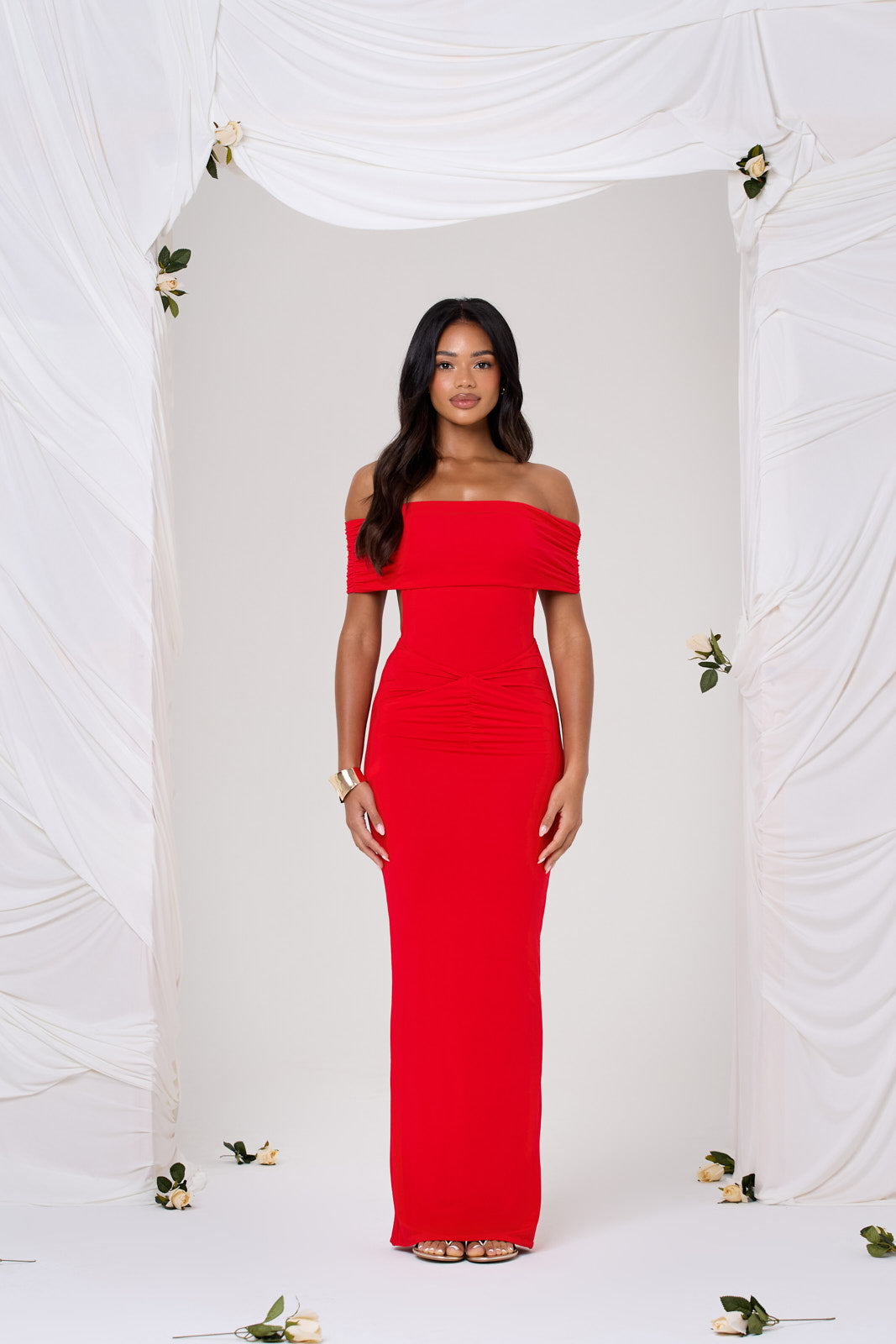 SOFIA RUCHED MAXI SKIRT IN CHERRY RED - FRONT ON