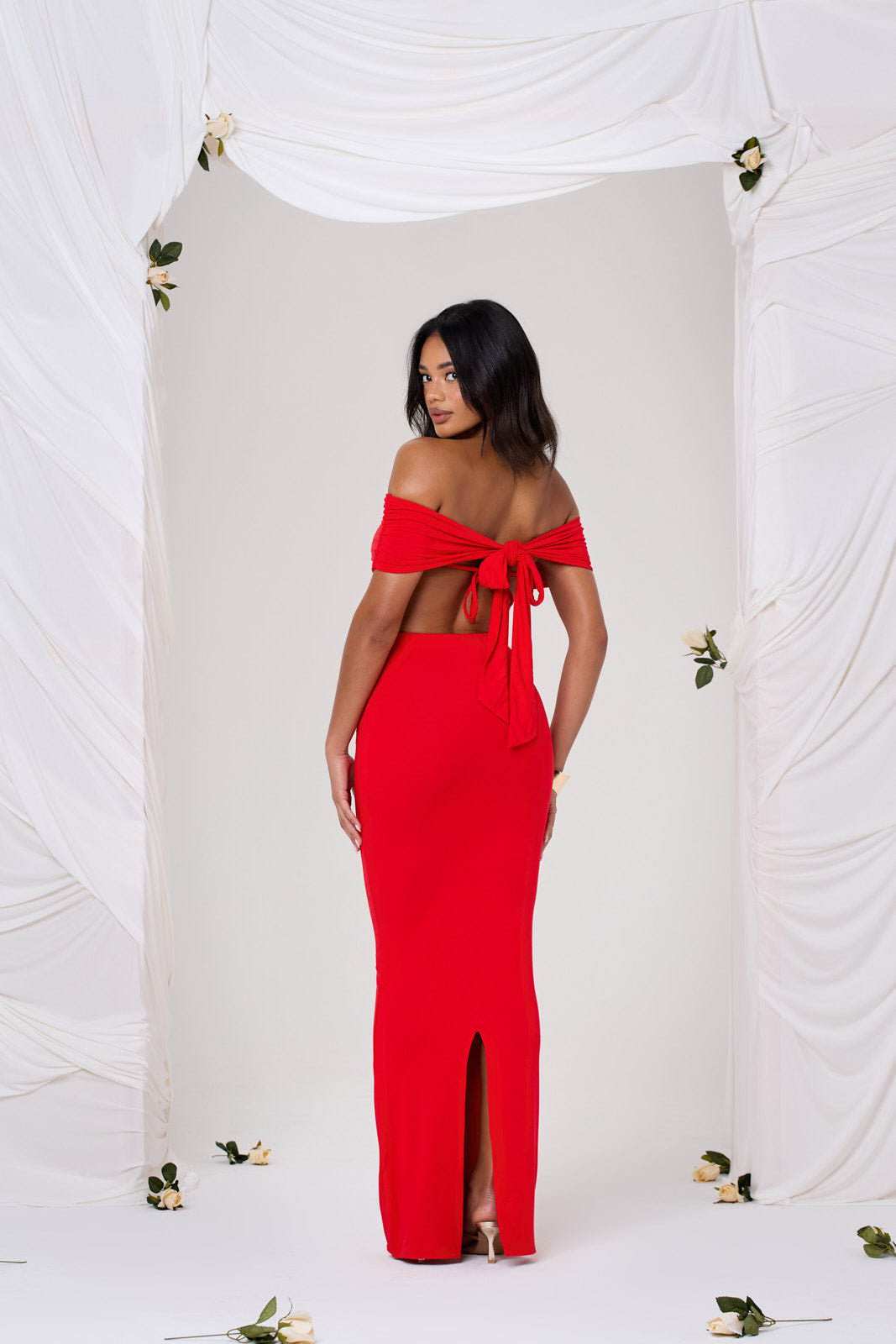 SOFIA RUCHED MAXI SKIRT IN CHERRY RED - REAR VIEW