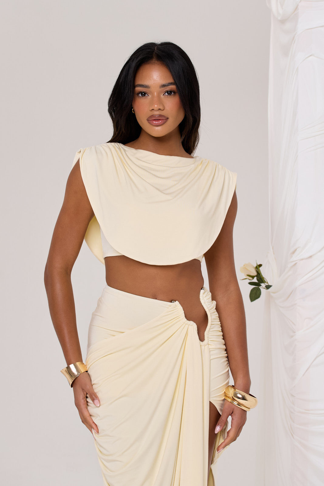 COLE RUCHED CROP TOP IN BUTTER LEMON- ZOOM
