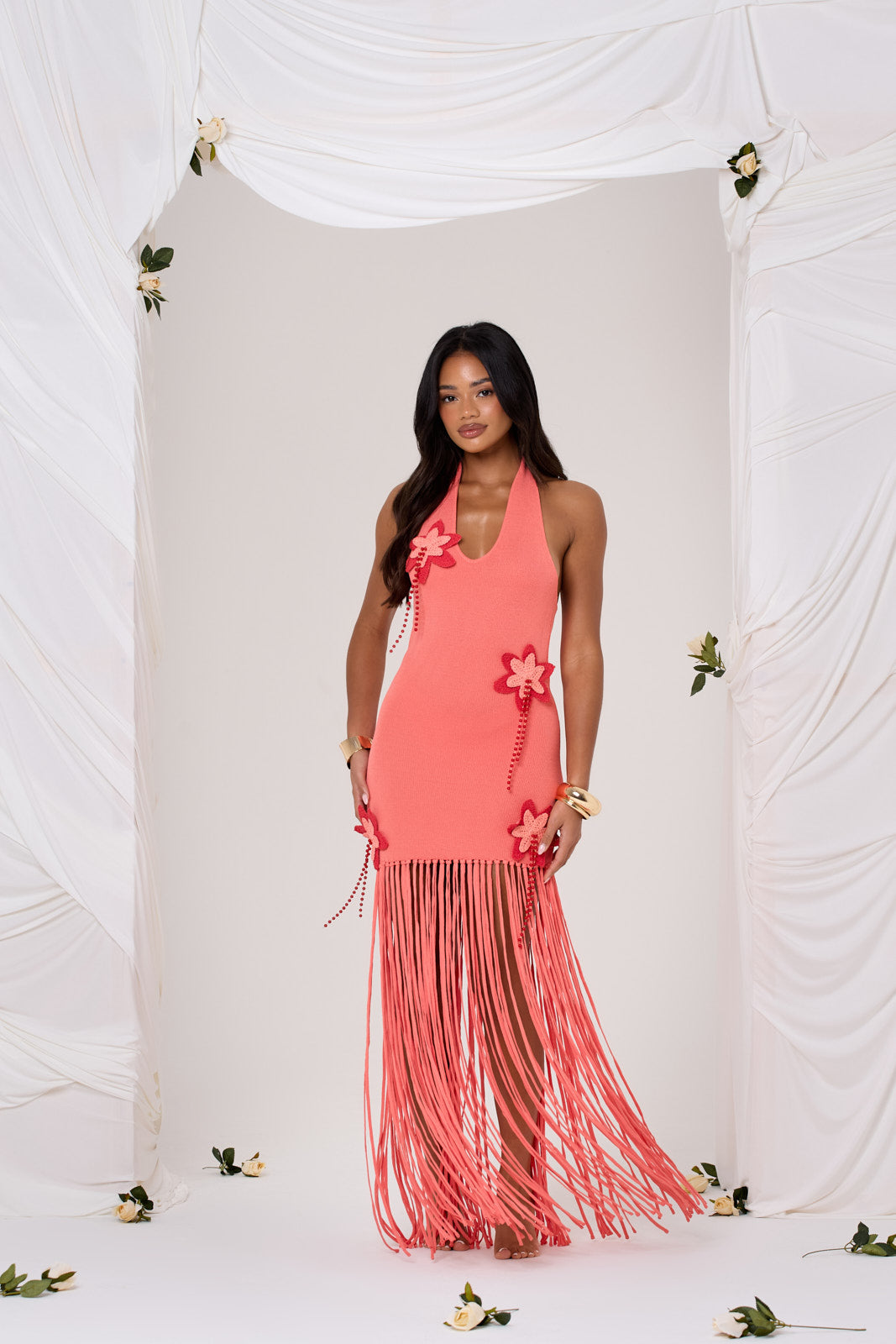 FIBI CROCHET FLOWER MAXI DRESS IN PEACH CORAL - FRONT