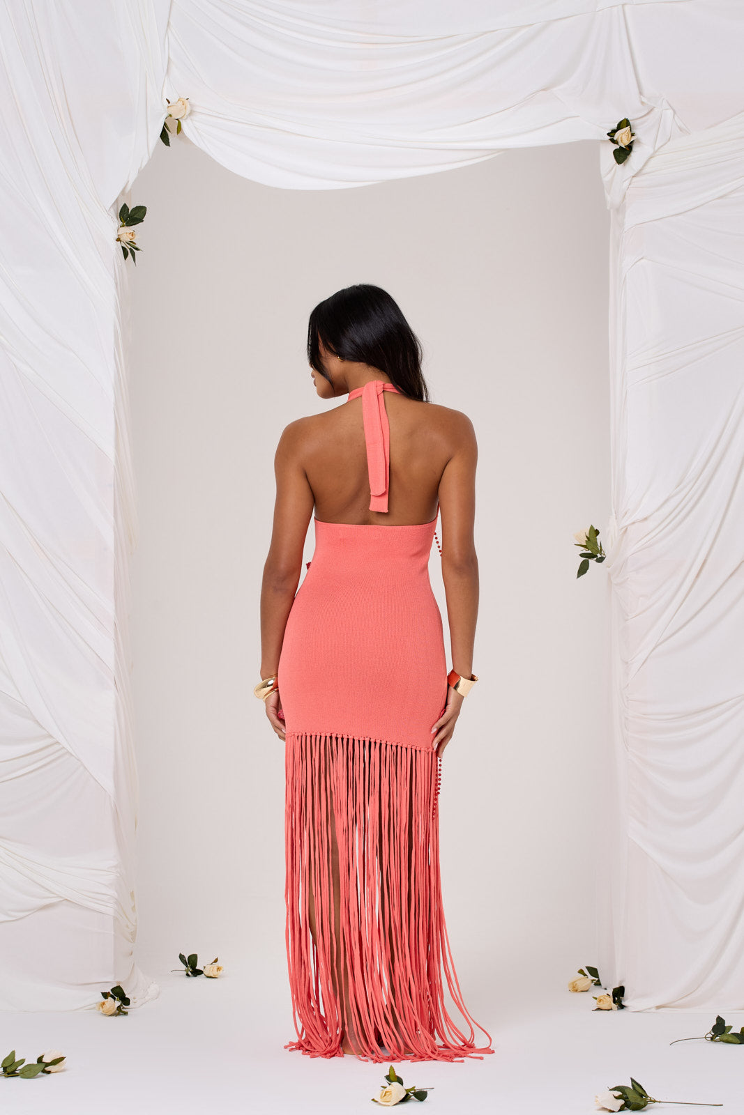 FIBI CROCHET FLOWER MAXI DRESS IN PEACH CORAL - REAR VIEW