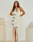 Ana Maxi dress in off white knit, full-length front view with pearl bead detailing and hand crochet shells, maxi length fringing 