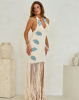 Ana Maxi dress in off white knit, full-length front view with pearl bead detailing and hand crochet shells, maxi length fringing 