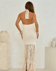 Ana Maxi dress in off white knit, full-length back view with halter neck straps, maxi length fringing 